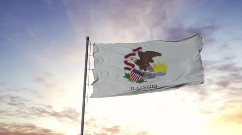 State flag of Illinois waving in the wind. Dramatic sky background. 3d illust Stock Illustration