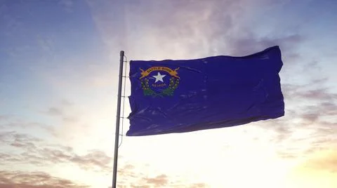 State flag of Nevada waving in the wind. Dramatic sky background. 3d illustra Stock Illustration