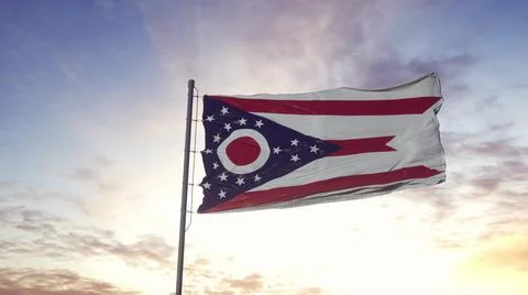 State flag of Ohio waving in the wind. Dramatic sky background. 3d illustrati Stock Illustration