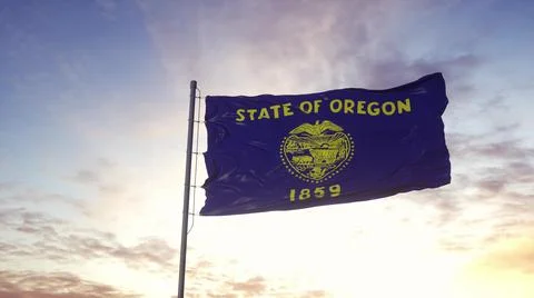 State flag of Oregon waving in the wind. Dramatic sky background. 3d illustra Illustrazione stock