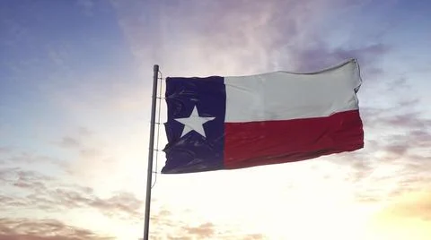 State flag of Texas waving in the wind. Dramatic sky background. 3d illustrat 스톡 일러스트