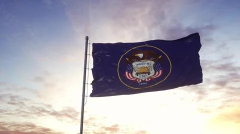 State flag of Utah waving in the wind. Dramatic sky background. 3d illustrati Illustrazione stock