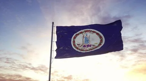 State flag of Virginia waving in the wind. Dramatic sky background. 3d illust Stock Illustration