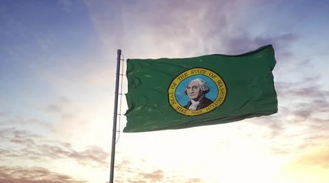 State flag of Washington waving in the wind. Dramatic sky background. 3d illu Stock Illustration