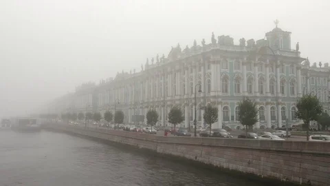 State Hermitage and the Neva river in a foggy morning Stock Footage 85008068