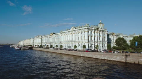 The State Hermitage, Neva river and car traffic on an embankment Stock Footage 136469579