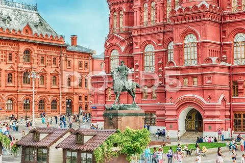 The State Historical Museum and Marshal Zhukov statue, Moscow, Russia Stock Photos