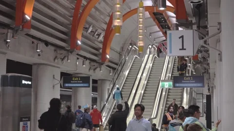 State Library Station Escalators on Metro Tunnel Opening Day 스톡 동영상 322076008