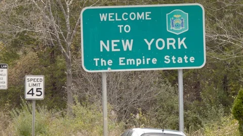 State Line, New York Border Welcome Street Sign, The Empire State Stock Footage 97256779