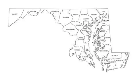 State of Maryland, subdivided into 23 counties and Baltimore City, map Stock Illustration