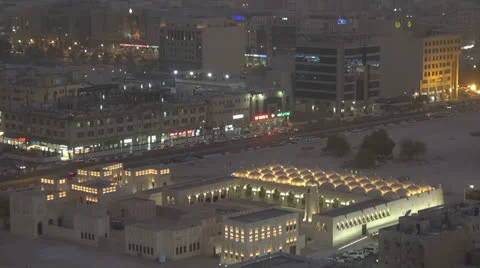 The State Mosque Qatar Doha city twilight landscape night iconic view aerial Stock Footage 22958129