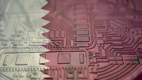 State of Qatar flag with Bitcoin Cryptocurrency Stock Footage 166795958