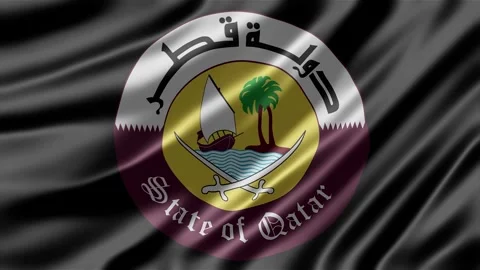State of Qatar official emblem waving on dark fabric background Stock Footage 344815951