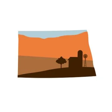 State Shape with Farm at Sunset w Windmill, Barn, and a Tree Stock Illustration