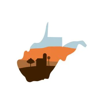 State Shape with Farm at Sunset w Windmill, Barn, and a Tree Stock Illustration