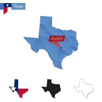 State of Texas blue Low Poly map with capital Austin. Stock-Illustration