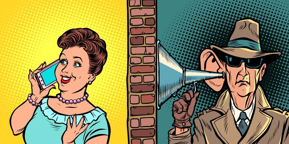 State wiretapping conversations, spy listens to conversation on the phone Stock Illustration