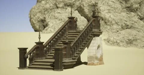 Stately staircase overlooking arid landscape with rugged rock formations Stock Illustration