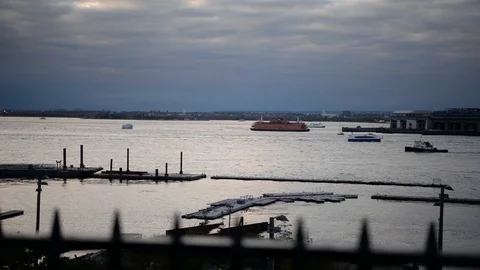 Staten Island Ferry Pulls into New York Harbor Downtown Manhattan Stock Footage 97547103