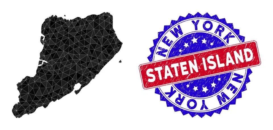 Staten Island Map Triangle Mesh and Scratched Bicolor Seal イラスト素材