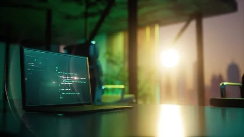 Static 3d render animation with notebook laptop on table and sun going down  Stock Footage 258808984