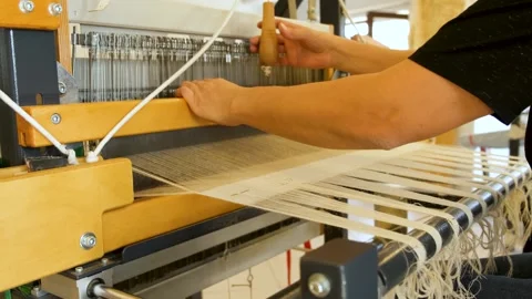 Static 4K Close Up of Woman Operating Wooden Loom - Weaving Steps Stock Footage 327863459