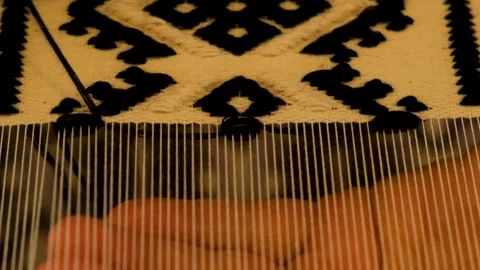 Static 4K Extreme Macro Close Up of Fingers Weaving Lace Rug Pattern Stock Footage 327863467