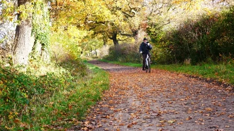 A static, 4k shot of a single cyclist on a country path Stock Footage 143013146