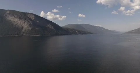 Static Aerial drone background shot of boats on beautiful Canadian lake  Video stock 93419514