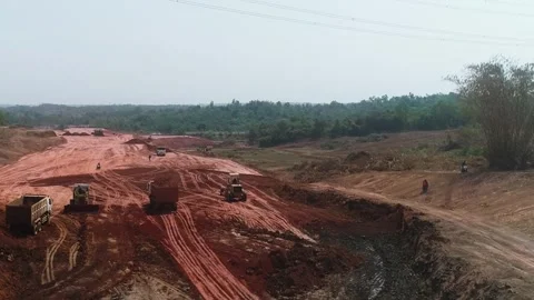 Static aerial drone shot of grader bulldozer and excavator on earthwork site Stockbeeldmateriaal 346197529