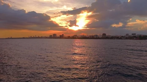 Static Aerial Drone View of Sunset Reflection on Caribbean Sea in Santo Domingo Stock-Footage 345012975