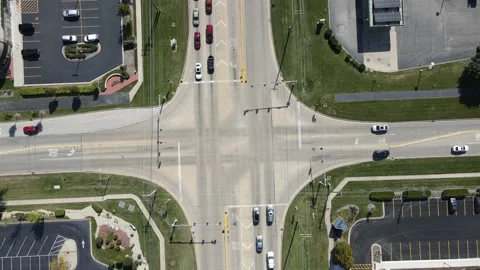 Static aerial establishing shot of intersection in the American suburbs. Stock Footage 142488996