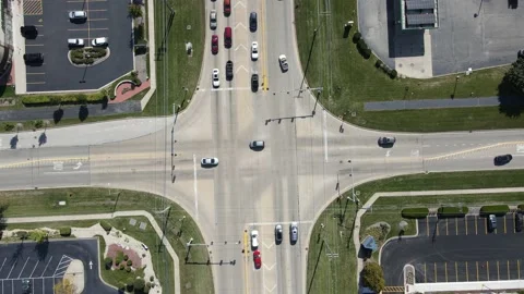 Static aerial establishing shot of intersection in the American suburbs. Stock Footage 142489008