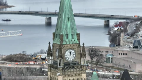 Static aerial of quebec ontario interprovincial bridge with parliament in fo Stock-Footage 166116445