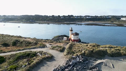 Static aerial shot of a lighthouse along the Coquille river Stock Footage 251755444