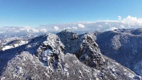 Static Aerial Shot of Snow Covered Winter Forest and Mountain Peak Stock Footage 335147913