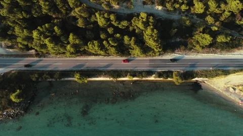 Static aerial shot top view of busy asphalted road with marking near magnificent Stock Footage 94824879
