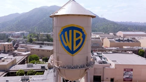 Static Aerial Shot of Warner Bros Water Tower and Studio Lot in Burbank Stock-Footage 307585308