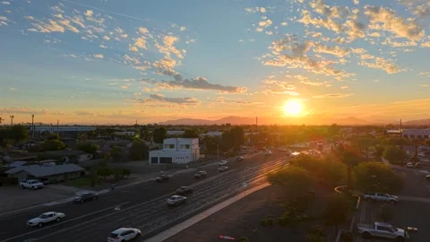 Static Aerial Sunset Shot Over Arizona Suburbs with Distant Mountains Stock Footage 319968918