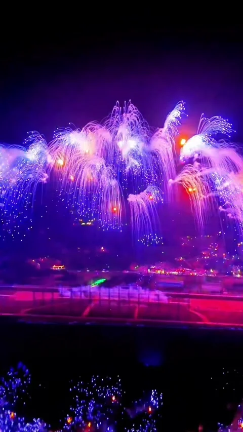Static Aerial Time-lapse of Elegant Blue and Purple Fireworks over Night Sky Video stock 329006889