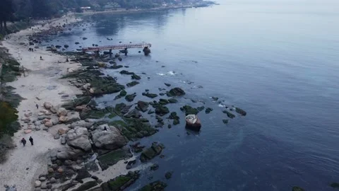 Static aerial view of a beach and people walking on the shore at Horcon, Chile. Stock Footage 171143132