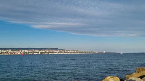 Static aerial view of calm blue sea and coastal city Stock Footage 320455318