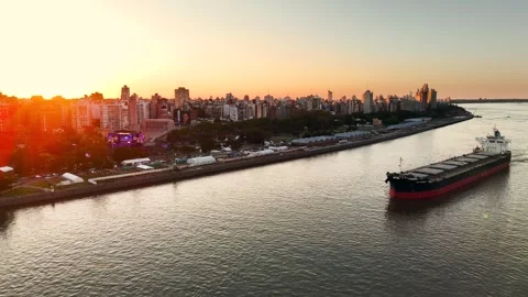 Static aerial view of cargo vessel sailing on Parana River with Flag Monument Video stock 328665869