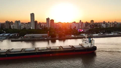 Static aerial view of cargo vessel sailing on Parana River with Flag Monument Video stock 328666026