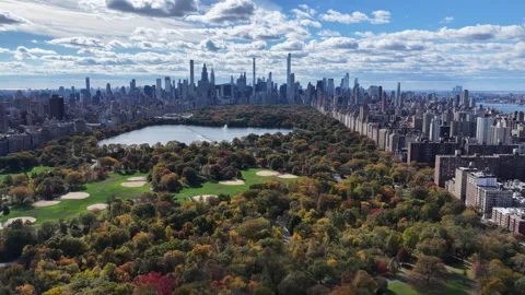 Static Aerial View of Central Park Reservoir and Manhattan Skyline, Autumn Vídeo Stock 344590795