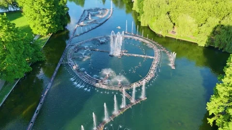 Static Aerial View of Circular Water Fountain System in Green Urban Park Lak Stock Footage 339094028