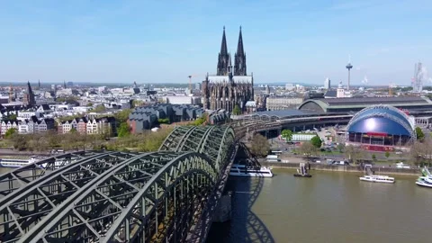 Static aerial view of Cologne skyline with Hohenzollern Bridge, Cathedral and Stock Footage 333722528