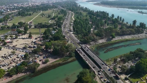 Static aerial View of Highway Bridge Over Ganges River with Traffic in Haridwar Stock-Footage 333475450