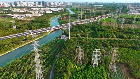 Static Aerial View of Highway, Canal and Power Transmission Lines 動画素材 341601330
