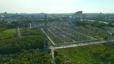 Static Aerial View of Large Electrical Substation in Shanghai Stock Footage 342145291